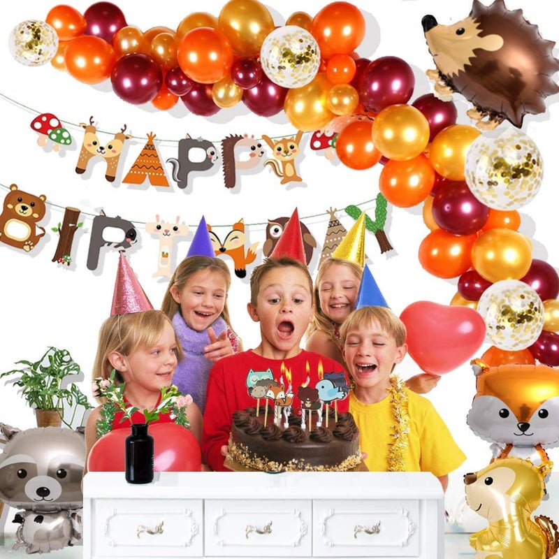 Finypa Animal Birthday Party Decorations, Woodland Happy Birthday Banner Hedgehog, Squirrel, Fox, Raccoon Animal Balloon Garland & Arch Kit for Boy Girl Baby Shower Birthday Supplie - Image 4